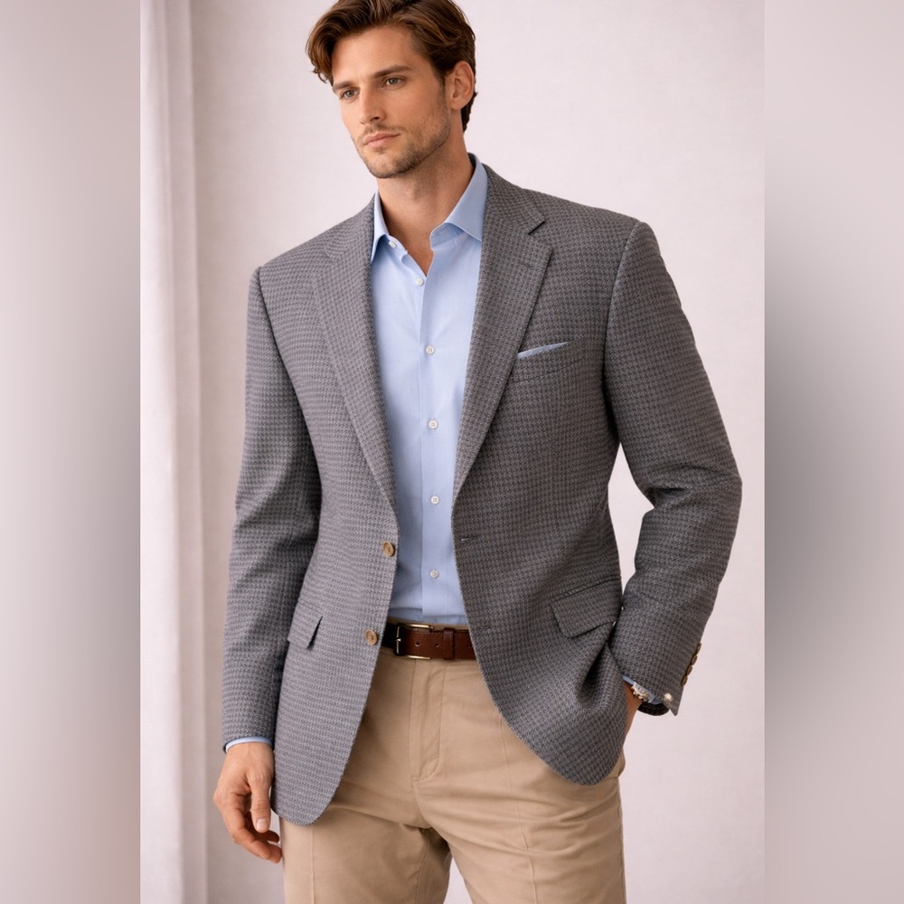 Zanella Men Blazer 42L Grey Blue Houndstooth Check Cashmere‎ Wool Sport Italy